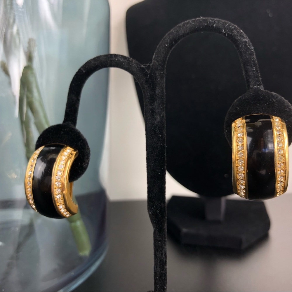 Vintage Christian Dior earrings black enamel, gold & crystals